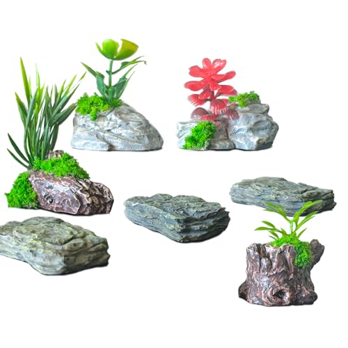 Kai Dream Miniature Fake Stone Rocks, Trees with Plants -7 PieceDecorative Landscape Ornaments for Train Railway Sand Table Fairy Garden Accessories