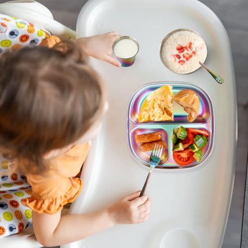 AIEVE Stainless Steel Kids Plates and Bowls, 5 Pcs Kids Dinnerware Set Includes Stainless Steel Toddler Plate with Lid, Utensils, Cup and Bowl