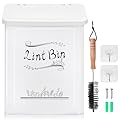 Tlence Magnetic Lint Bin, Wall Mounted Lint Trash Can with Brush, Metal Dryer Lint Holder with Lid, Hanging Washer Waste Lint Box, Farmhouse Laundry Room Decor for Lint Organization and Storage, White