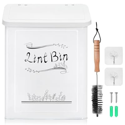 Tlence Magnetic Lint Bin, Wall Mounted Lint Trash Can with Brush, Metal Dryer Lint Holder with Lid, Hanging Washer Waste Lint Box, Farmhouse Laundry Room Decor for Lint Organization and Storage, White