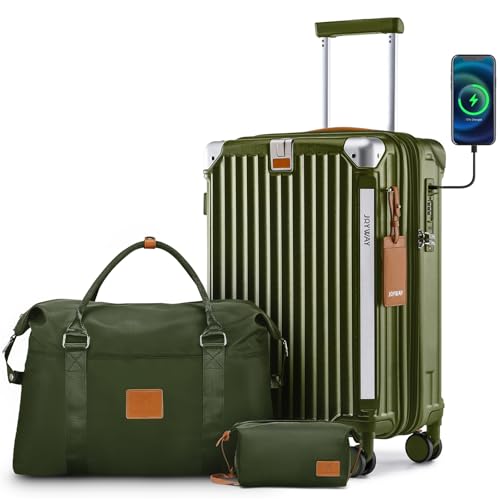 Image of Joyway 20in Carry On Luggage with Cup Holder and USB Port, 25% Expandable Capacity, Smart Suitcase with Anti Slip Wheels and Handbag, Perfect for Men and Women 3 Piece Set DarkGreen
