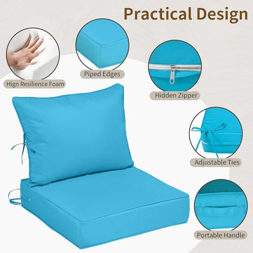 Image of 22x22 Outdoor Chair Cushions Set of 2, Waterproof Deep Seat Cushions for Patio Furniture with Removable Cover, Fade Resistant 4'' Outdoor Seat Cushion w / Ties&Handle for Sofa Loveseat, Lake Blue