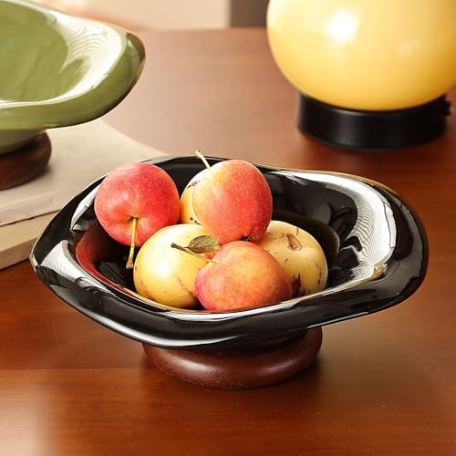 Frutero irregular de cerámica brillante negra y soporte de madera natural 7