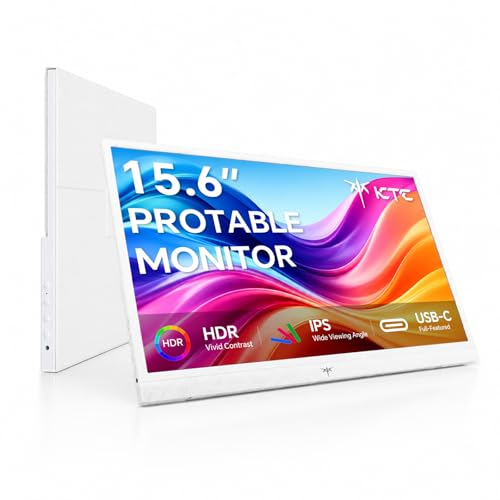 KTC Portable Monitor 15.6 Inch, 1080P FHD USB-C HDMI Laptop Screen for Laptop Phone Mac PS5 Xbox Switch, IPS HDR Travel Second Screen Monitor Extender with Speakers, White, H15F8