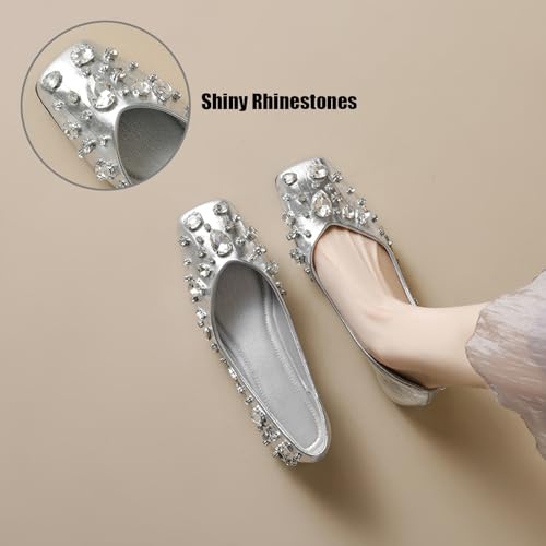 Women's Square Toe Rhinestones Ballet Flat Shoes Fashion PU Sweet Soft Sole Wide Toe Comfortable Flexible Dress Shoes for Party Work Leisure Daily4