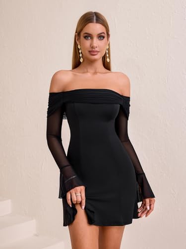 HTZMO Women Long Sleeve Sexy Off Shoulder Bodycon Mini Dress Ruched Side Slit Homecoming Going Out Party Short Dresses3