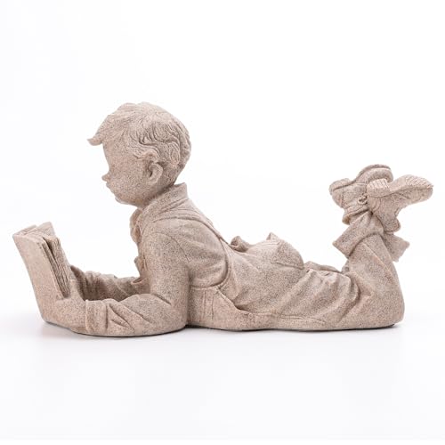 Lukitas Boy Reading Sculpture, Bookworm Statue Bookshelf Decor, Children Reader by Lying Figurine, Creative Desktop Ornament for Office Living Room, M