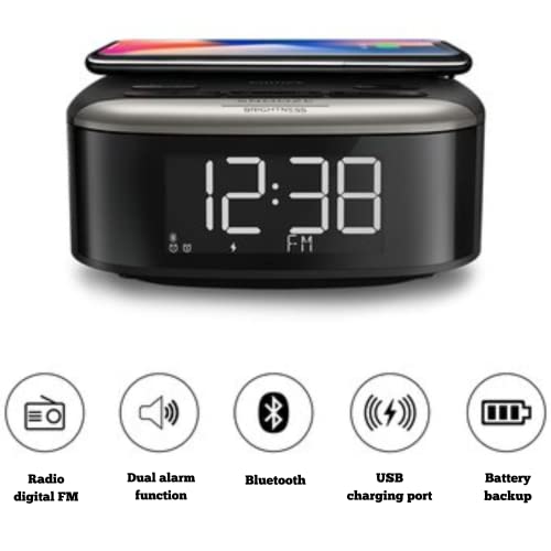 Philips Alarm Clock Radio W/ Wireless Qi Phone Charger, Alarm Clock With Wireless Charging, Easy Snooze, Sleep Timer, Bluetooth Alarm Clock Radios For Bedroom #TOP1