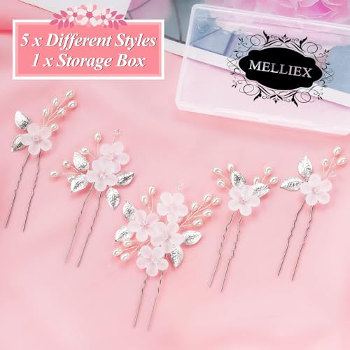 MELLIEX 5 Pcs Bridal Hairpins, Pearl Rhinestone, Flower Hair Clips - Image 3