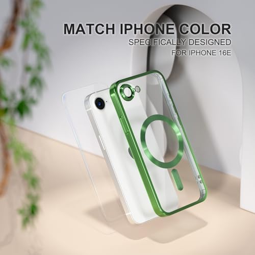 Image of Misea Magnetic for iPhone 17e / 16e Case Compatible with MagSafe Green | [Never Yellowing] [Military Drop Protection] Full Camera Lens Protector Plating Soft Clear Phone Case for Women, Green