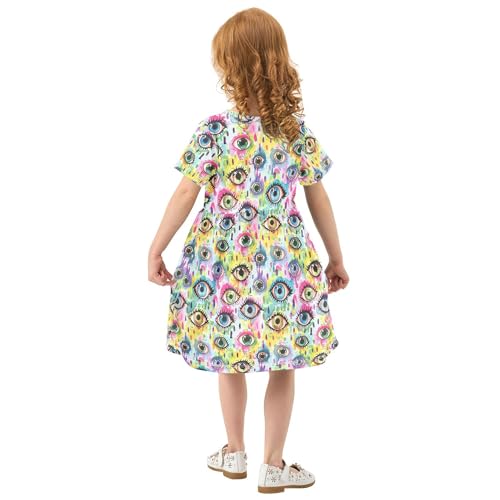 Evil Eyes Rainbows Leopard Printed Girls Fashion Dress Short Sleeve Spring Dresses for Toddler Girls Party Dress 2T3