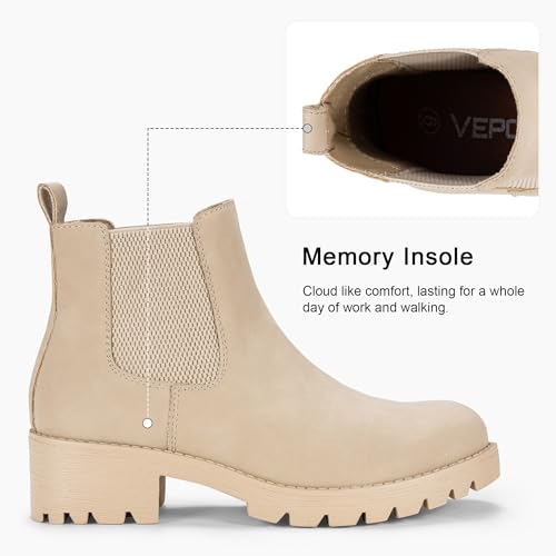 Image of Vepose Women's Chelsea Ankle Boots Pull-On Low Heel Booties 9607 | Flat short boots with elastic side, round toe for casual daily
