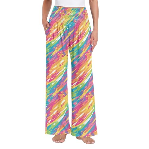 Pantalon large femme taille haute motif peinture arc-en-ciel