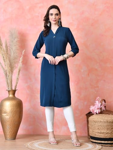 Image of nioni Women's Straight Solid Kurti with V-Fold Neck | Rayon Lycra Material | Fashionable Micro Pleates | 3 /4th Sleeve Kurta for Woman & Girls (S to 2XL)