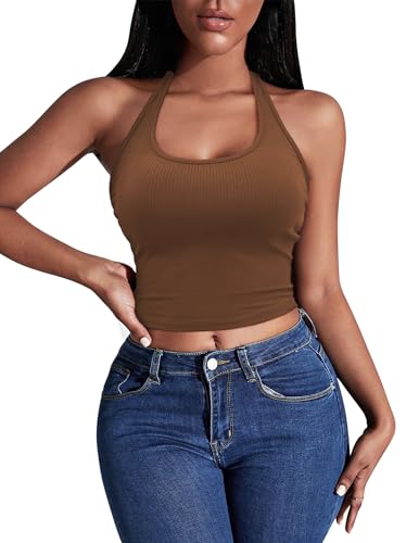 Image of Ekouaer Women Halter Top Backless Scroop Neck Slim Stretchy Ribbed Knit Camisole Crop Tops S-XXL