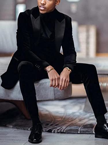Men's Black Velvet Suit 2 Pieces One Button Peaked Lapel Blazer & Pants Slim Fit4