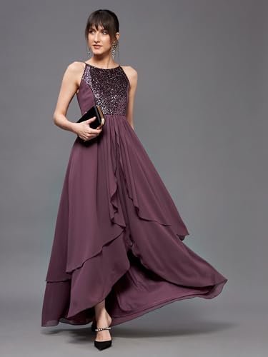 Image of Miss Chase Women's Round Neck Sleeve Embellished Fit Flare Maxi Dress