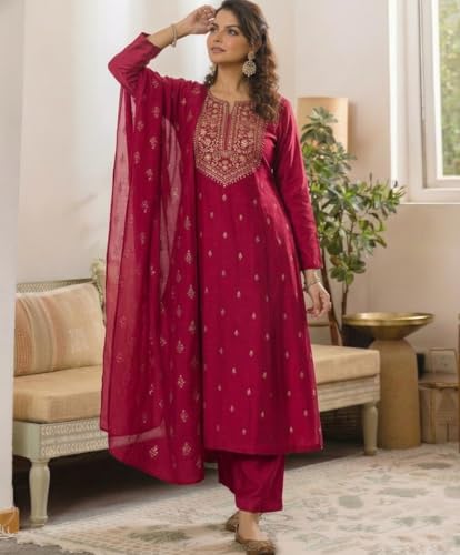 Image of ANNI Designer Women's Viscose Straight Printed Embroidery Kurta with Pant & Dupatta | Long Sleeve Ethnic Kurta Set for Women | Casual Office, Daily, Party Outfits