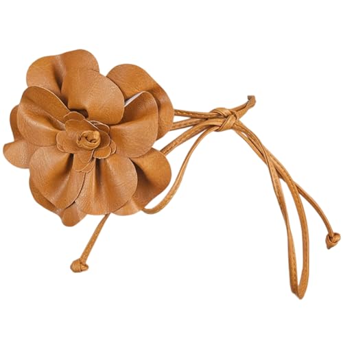 CALFOVERA Cinturón Fino de Piel Sintética con Diseño de Flores Grandes de 6mm, Estilo Bohemio Marrón, Elegante Y Fino, con Borlas de Cuerda de Cuero para Mujer, para Vestir, Camisas Y Bodas.