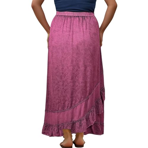 Agan Traders Women's 2025 Summer Western Boho Vintage Drawstring Embroidered Flared Ruffle High Waist Long Skirt3