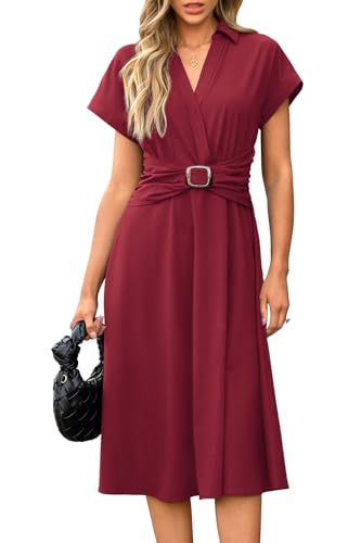Newshows Women Button Down Tailored Fitted Shift Dress Free Wrinkle Wear to Work Business Casual Outfits Midi Office Clothes(Wine Red,XXL)
