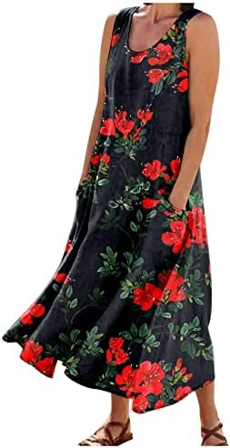 Summer Dresses for Women 2023 Casual Womens Summer Clothes Loose Bohemian Floral Print Dress with Pockets Long Maxi Sleeveless Summer Beach Swing Dress Spring Wedding Guest Dresses for Women Red 2XL
