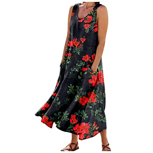 Summer Dresses For Women 2023 Casual Womens Summer Clothes Loose Bohemian Floral Print Dress With Pockets Long Maxi Sleeveless Summer Beach Swing Dress Spring Wedding Guest Dresses For Women Red 2Xl #TOP2