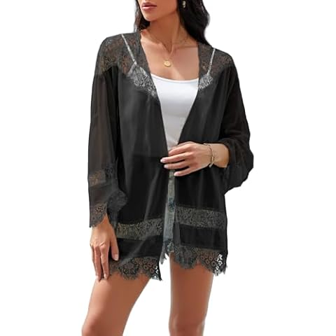 Women's Boho Lace Kimono Cardigans Summer Lightweight Chiffon Beach Sheer Shawls Wraps Shirts Tops Solid Color Black Large Cover