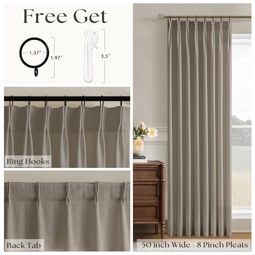 Image of 96 Inch Curtains 50 Inch Width Pinch Pleated Taupe 1 Panel Semi Sheer | Memory Training Shaped, Non See Through, Light Filtering, Hooks Rings, Back Tab, for Living Room, Bedroom, Greige, 50x96
