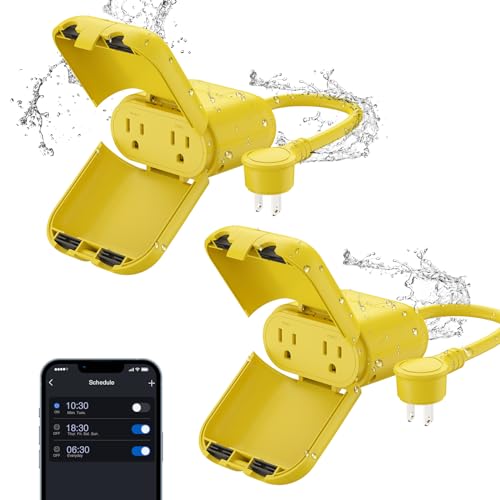 ELEGRP PQR20 Outdoor Smart Plug Waterproof IP66, WiFi Plug with 2 Individually Sockets, Compatible with Alexa & Google Assistant, Smart Outdoor Outlet for String Lights, UL Certified, 2 Pack, Yellow