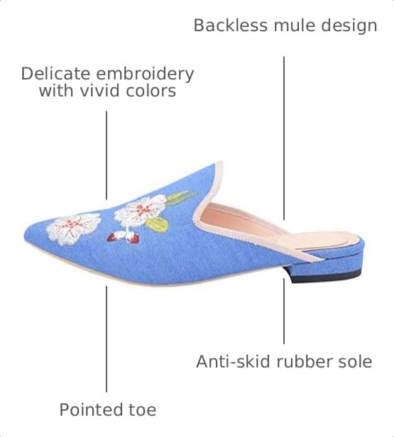 Image of Fericzot Women's Velvet Backless Pointed Toe Slip On Loafers Flats Embroidery Mule Slippers Shoes