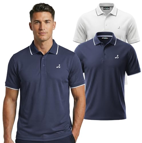 Under Par 2 pack Men's Golf Polo Shirt with Stretch Breathable Fabric UV Protection Moisture Wicking Quick-Dry Short Sleeve Sports T-Shirt for Adult Running and Gym (pack of 2), Navy & White, XXL