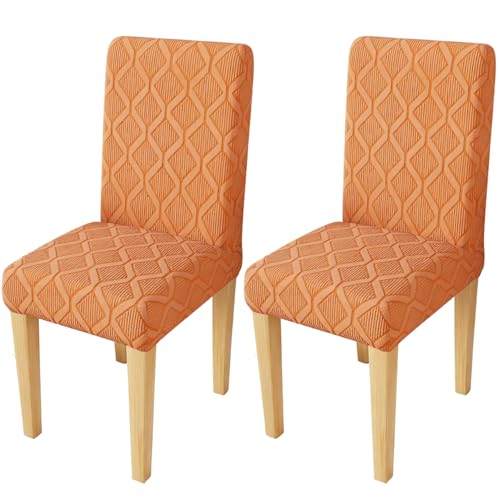Image of Lukzer Elastic Dining Chair Cover - 2PC Pastel Orange Diamond | Textured High Stretch Jacquard Seat Cover | Removable Washable Short Dining Chair Cover Protector Seat Slipcover | (CC-155-02)
