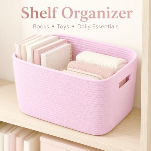 Image of Cotton Rope Laundry Basket Small, 12.8GAL Collapsible Woven Storage Baskets for Living Room Kids Toys Stuffed Animal,Boho Rectangular Decorative Short Hamper for Dirty Clothes, Blankets Light Pink