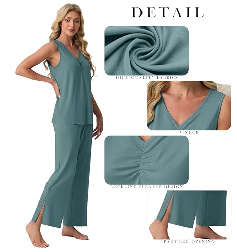 PrinStory Womens Pajama Sets Soft Knit Pjs 2 Piece Sleeveless Pajama Set Summer Lightweight Pj with Pockets Haze Blue-3XL — view 3