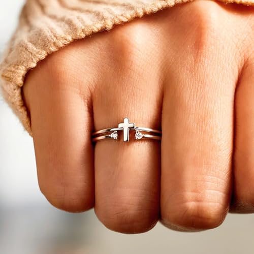 925 Sterling Silver Cross Ring for Women White Cubic Zirconia Cross Chuny Ring for Men Adjustable Stackable Christian Faith Minimalist Religious Baptism Cross Christmas Wedding Jewerly Gift2