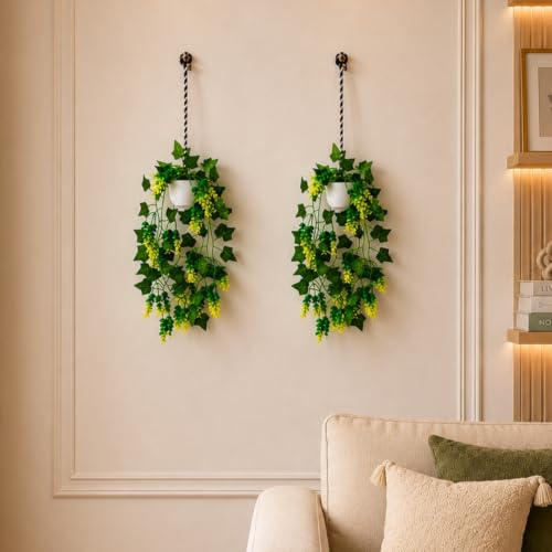 Image of fancymart Artificial Hanging Ivy Plant with White Hanging Pot & Rope, 60 cm Height, Pack of 2, Realistic Green Leaf Creeper for Home, Office, Living Room & Wall Decor