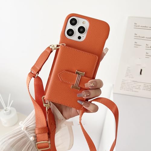 Coque portefeuille iPhone 15 14 13 Pro Max cuir orange avec porte-carte