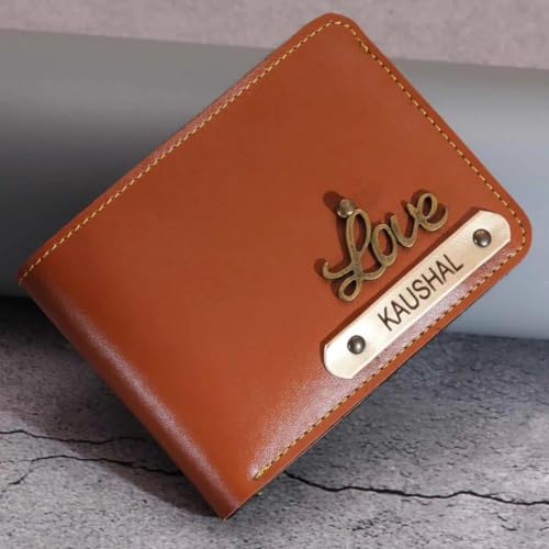 Image of Men's Vegan Leather Personalized Customised Print Wallet with Customized Name | Customizable with Name | Birthday Gift for Him (Tan)
