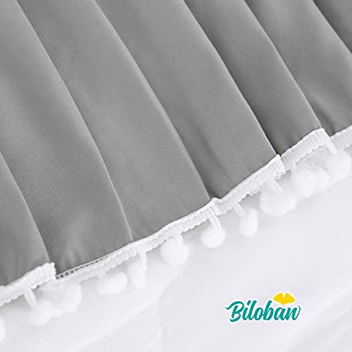 Image of Crib Skirt with Pompoms Grey, 14 inch Drop, Fits Standard Crib | 5-Sided Coverage, Pleated with Pompoms, Fade & Wrinkle Resistant, Machine Washable
