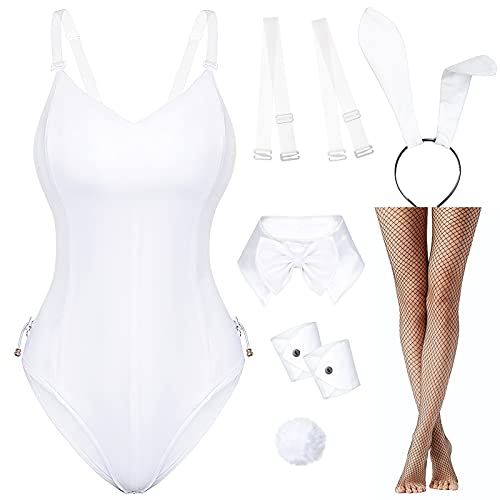 Womens Bunny Girl Suit Anime Role Costume Senpai Cosplay Bodysuit One Piece Stockings Set（White M