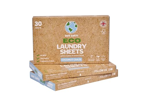 Save Earth UK Laundry Detergent Sheets - Coconut - Eco-Friendly, Biodegradable Ingredients & No Harsh Chemicals – 3 Pack (90 Loads)