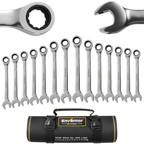 Enventor 14-Tlg Ratschenschlüssel Set, 90 Zähne,5° Schwenkradius–metrisch, 6mm bis 19mm, Ratschen-Kombinationsschlüsselsatz mit Tragetasche, Chrom-Vanadium-Stahl, Schwarz vernickelt