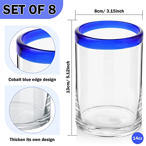 8 Pieces Hand Blown Drinking Glasses 14Oz Mexican Theme Cobalt Glassware Blue Rims Heavy Duty Reusable Glassware Set For Whiskey Juice Beverages Beer Cocktail #TOP1