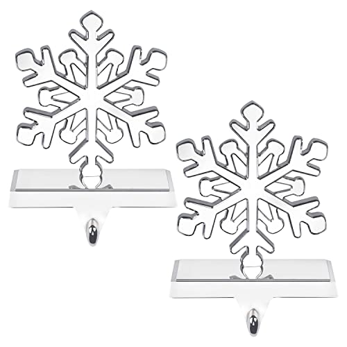 Waenerec Snowflake Christmas Stocking Holder Sturdy Christmas Metal Fireplace Mantel Stocking Hanger for Xmas Holiday New Year Party Home Decoration(Set of 2)