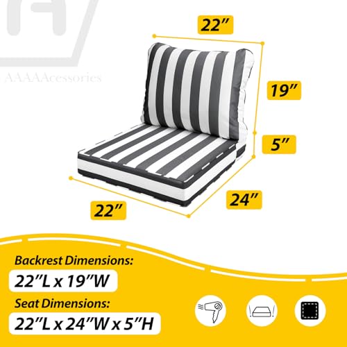 Image of AAAAAcessories Outdoor Seat Cushions for Chairs, Fade-Resistant, Waterproof Patio Furniture Replacement Cushions, 22 inch x 24 inch x 5 inch + 22 inch x 19 inch, Gray Cabana Stripe