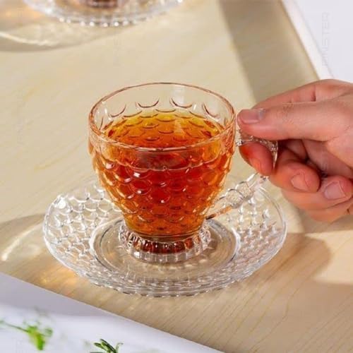 Premium Classic Glass Tea & Coffee Cup and Saucer - 250 ML, for Transparent Espresso Cappuccino hot Chocolate, Cups and Saucer Set for Coffee, Green Herbal, Lemon Tea (4 Cup and 4 Saucer)