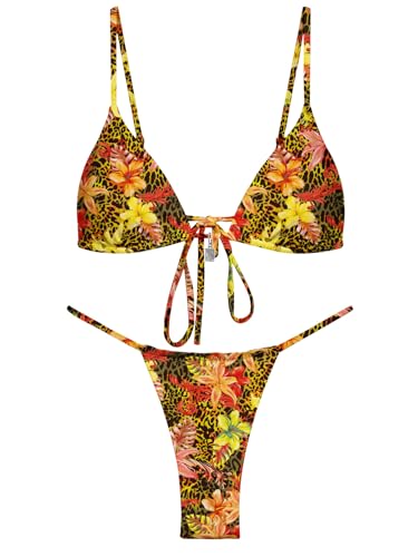 Image of OWICA Women's Sexy Triangle Bikini Sets Cheeky Thong Swimsuit Adjustable Spaghetti Straps Bathing Suit