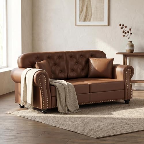 Homy Casa Brown Chesterfield Loveseat Sofa with Folding TV Tray