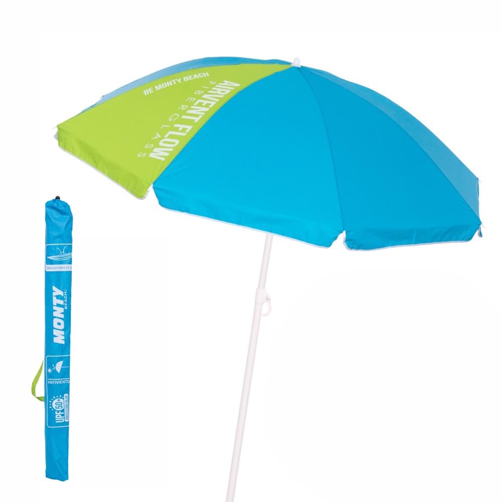 LOLAhome Sombrilla de Playa de 8 Varillas y Soporte de Arena con protección Solar UPF+50 de Acero y Nylon Azul y Verde, de Ø 180 cm